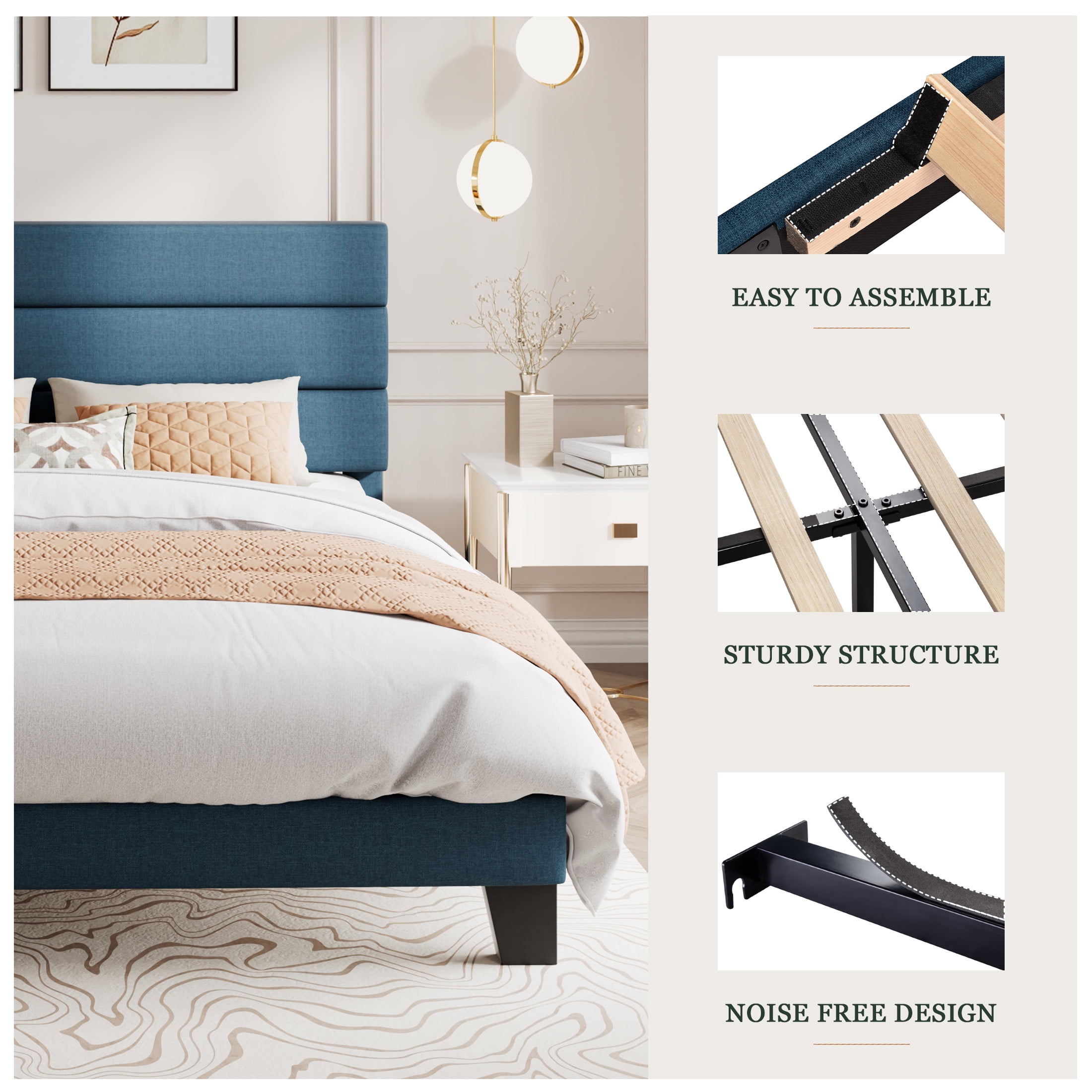 Amolife Navy Blue Upholstered Bed Frame Queen Size UK Ubuy