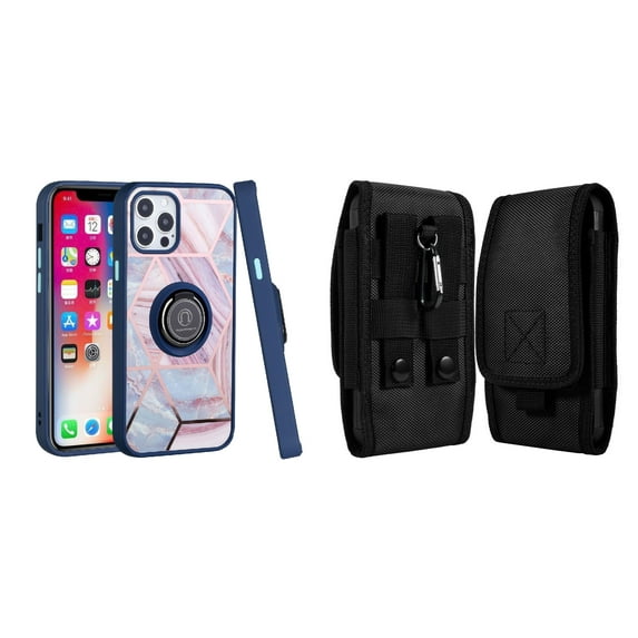 Bemz Ring Series Case for iPhone 14 Pro Max (TPU Silicone Cover with Magnetic Stand) and Vertical Rugged Nylon Belt Holster Pouch - Blue on Pink Marble
