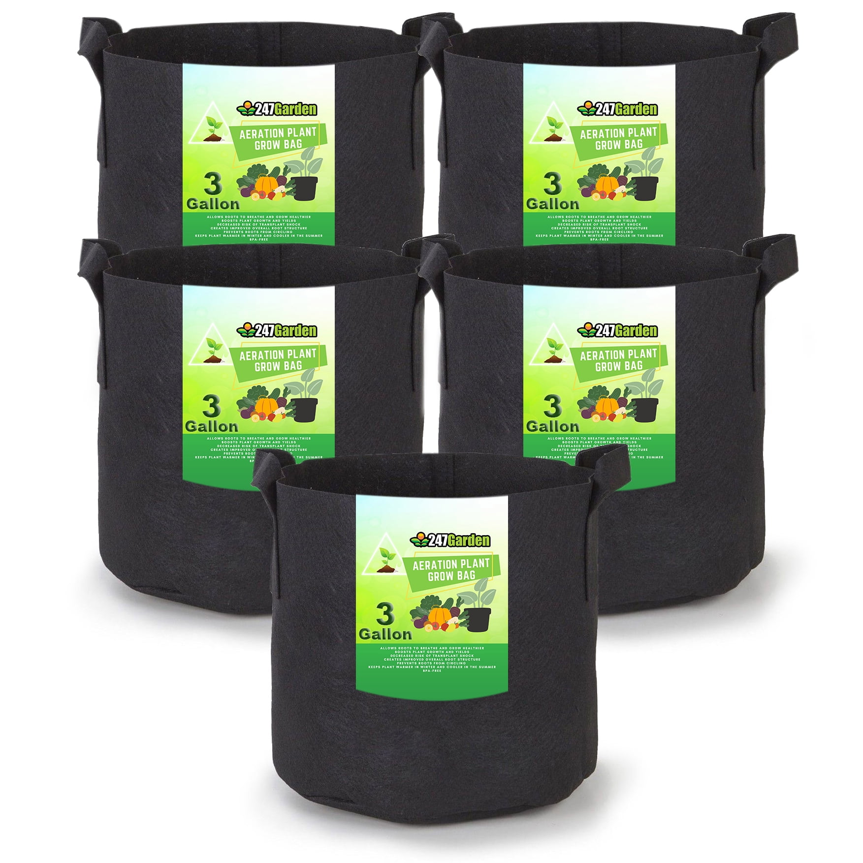 Lotfancy 3 Gallon Grow Bags, 7-Pack, Green Thickened Felt Fabric Pots with Reinforced Handles, Size: 3 Gallon,7 Pack, Black