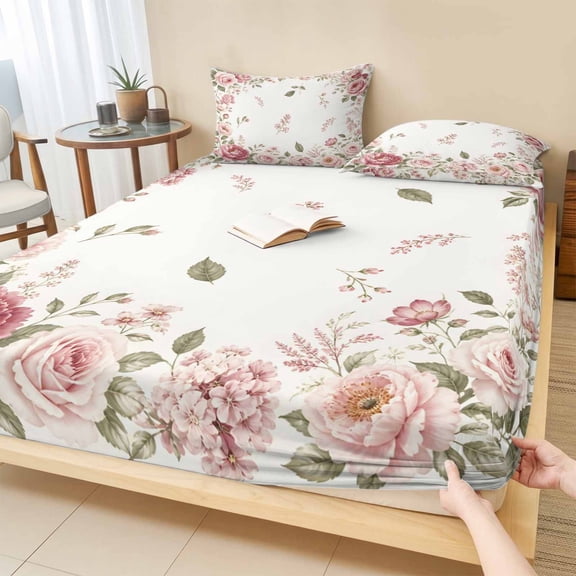 Full Size Fitted Sheet Set - Pink Rose 3 Piece Bedding Sets 16" Deep Pocket Fitted Sheet with 2 Pillowcases, Farmhouse Romantic Botanical Blossom Floral Brushed Microfiber Hotel Luxury Bed Sheets