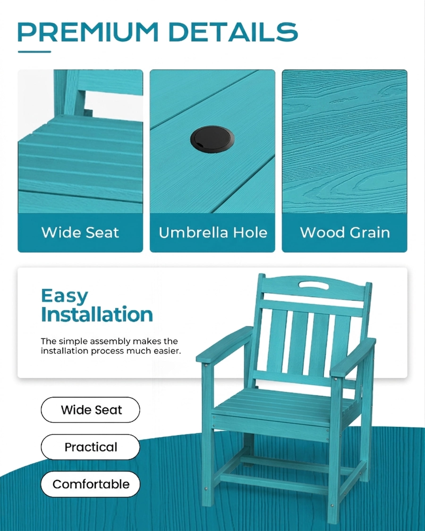 Harbweb 5pc HDPE Outdoor Dining Set, All-Weather Wood Grain Patio Furniture, Aqua