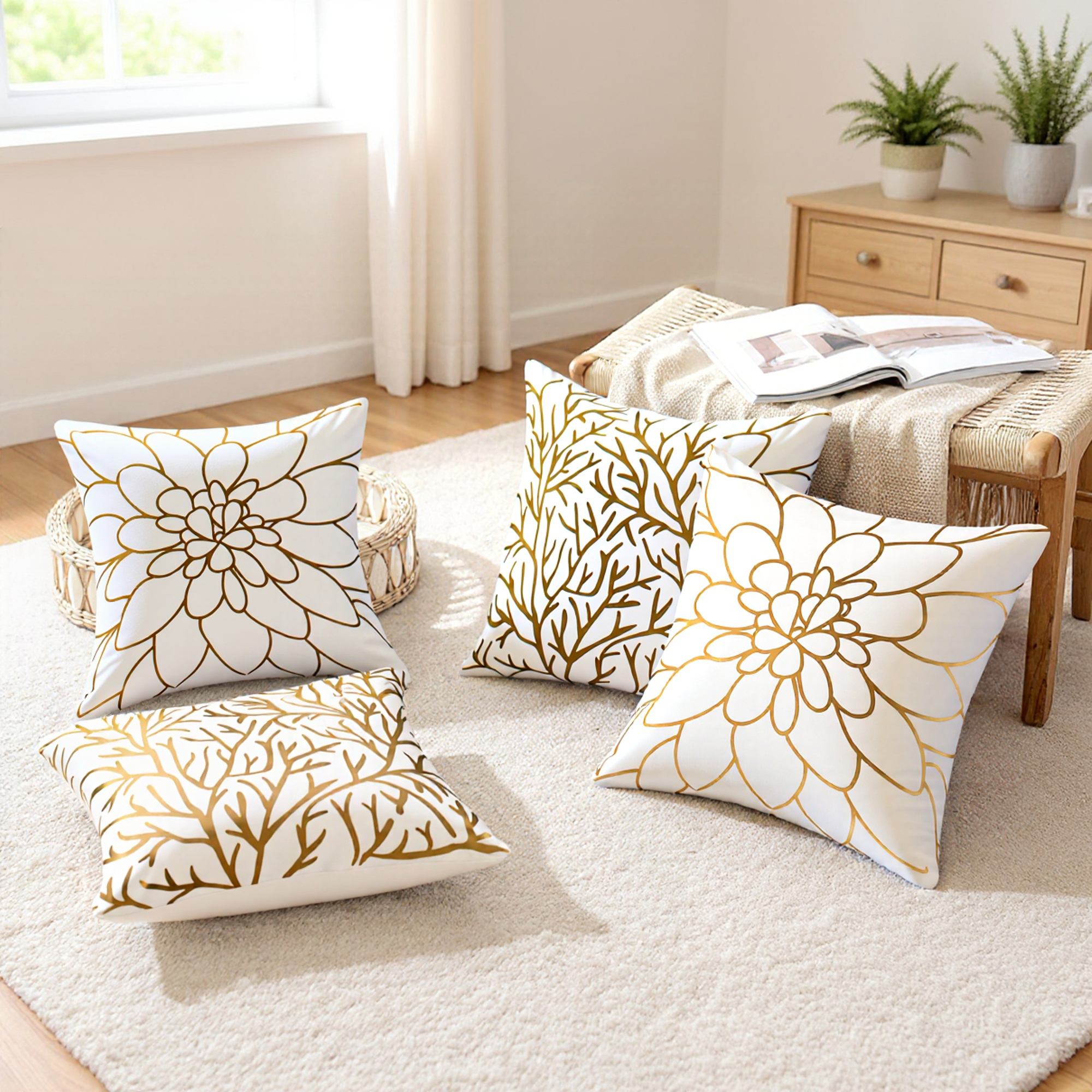 Unique Bargains Set of 2 Pillow Covers with Bronzing Print for Couch Gold-Tree Branch