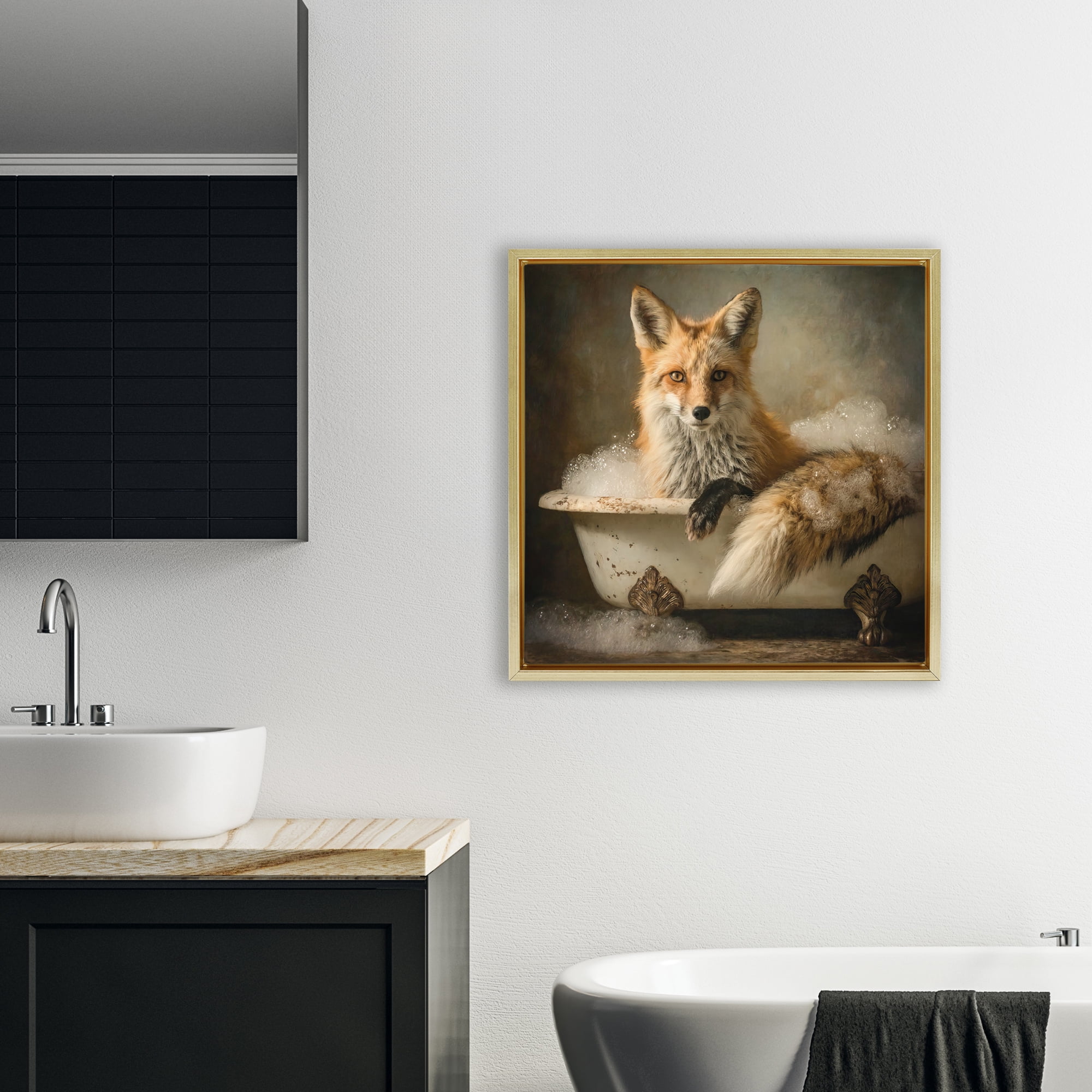 Stupell Industries Red Fox Bubble Bath Gold Framed Floater Canvas Wall Art, design by Tina LeCour