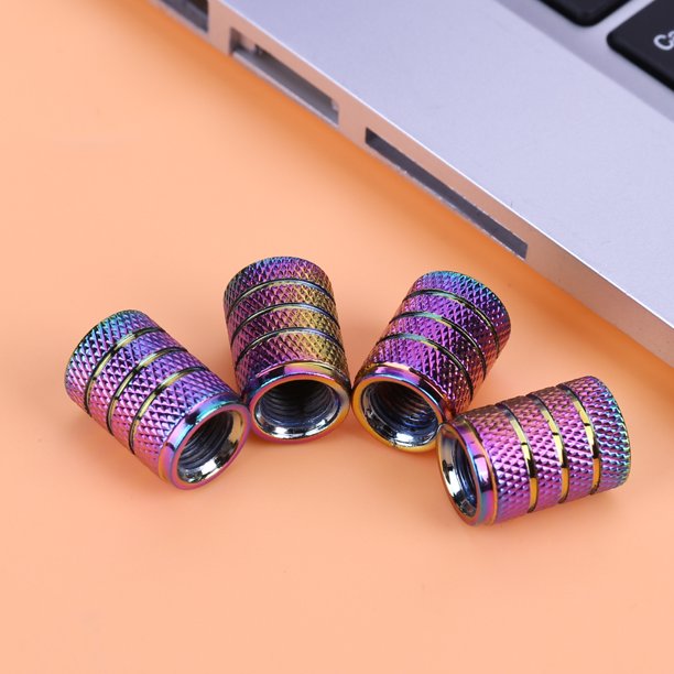 4 tapas de válvula de neumático de rueda de coche de aluminio de 3 ranuras de color arcoíris.