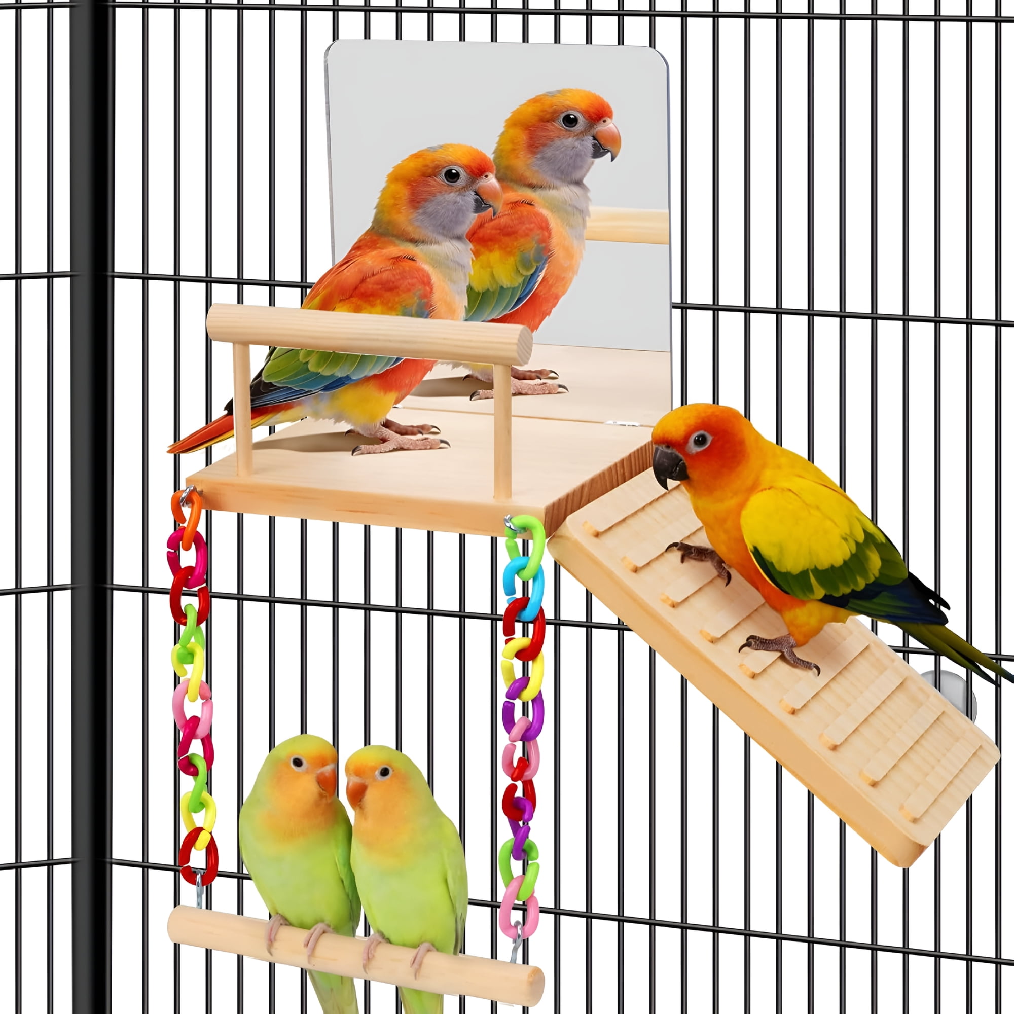 XIBUFE Bird Perches Platform Swing with Bird Mirror Climbing Ladder Birds Toys Cage Accessories for Cockatiels, Lovebirds, Pacific Parrotlets, Chinchilla, Hamster Play Gym Exercise Stand