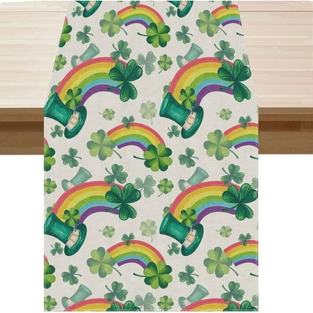 

St. Patricks Day Table Runner Rainbow Shamrock Burlap Table Decoration for Home Kitchen Dining Dinner Indoor Holiday Farmhouse Decor 13x48 Inch