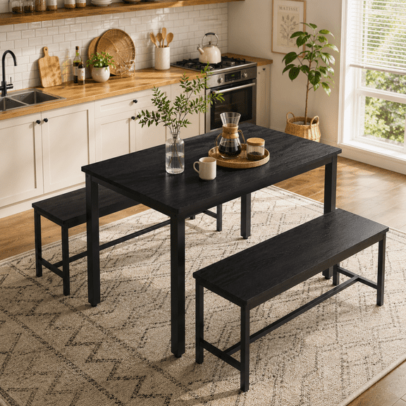 Aukfa 3-Piece Dining Table Set for 4, Kitchen Table with 2 Benches, Space-Saving Dining Room Table Set for Small Spaces,Black