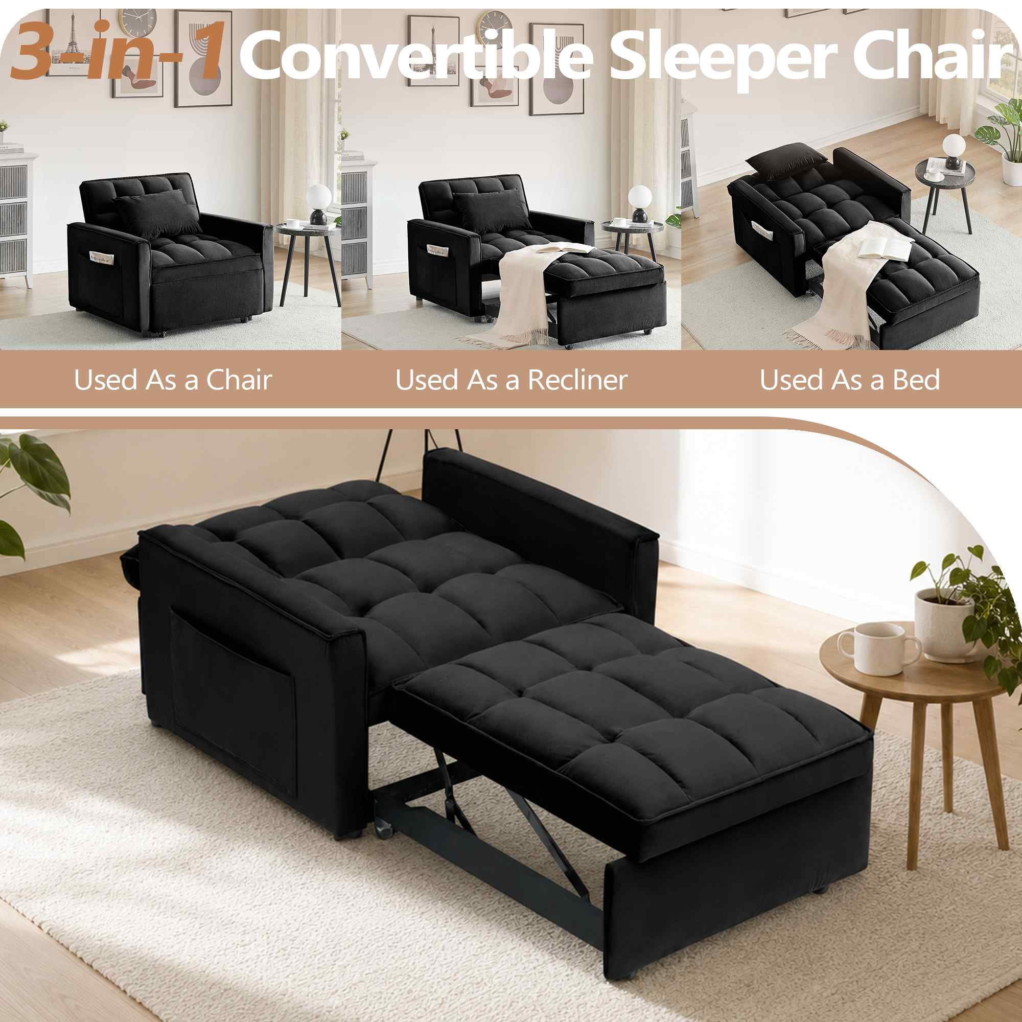 FFH Recliner Chair, Convertible Sofa Bed with Adjustable Backrest, Couch for Living Room, Bedroom, Black