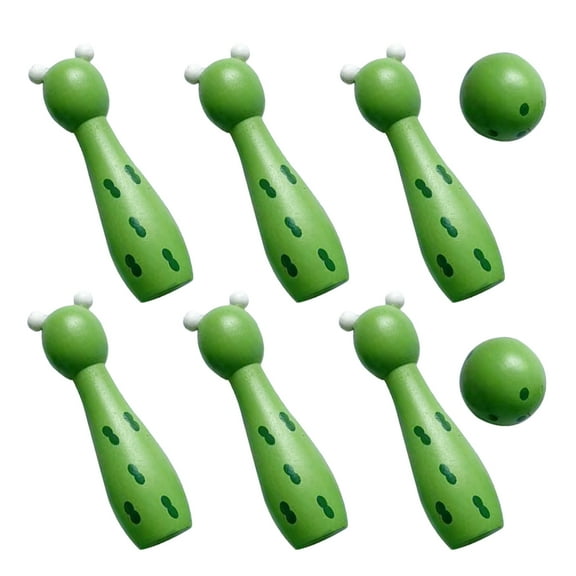 Wooden Bowling Set for Kids Great Family Game with Smooth Surface and Adorable Cartoon Pattern Green