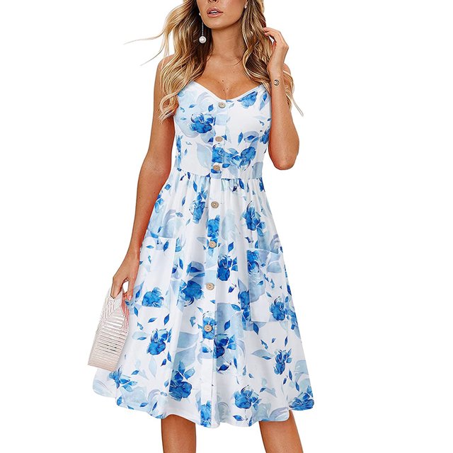 VISgogo Vestido sin mangas de verano para mujer, estampado de flores/leopardo para adultos, cuello en V, correa de espagueti cruzada, una pieza con bolsillos VISgogo moda