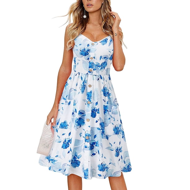 VISgogo Vestido sin mangas de verano para mujer, estampado de flores/leopardo para adultos, cuello en V, correa de espagueti cruzada, una pieza con bolsillos VISgogo moda