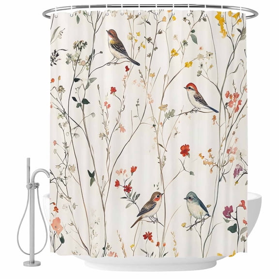 Bird Fabric Shower Curtain Floral Branch Leaves Washable Shower Curtains for Bathroom, Waterproof Bath Curtain with Hooks Home Decor 72x72in
