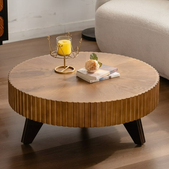 35.4" Round Solid Wood Retro Coffee Table for Home Decor and Coffee