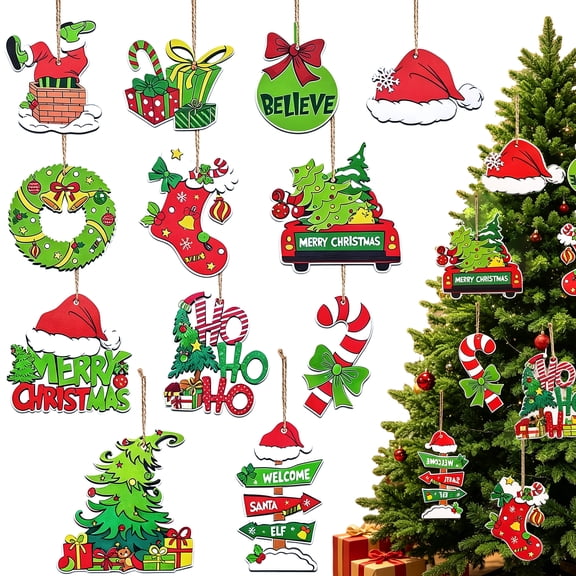Amaopus 36 Pack Christmas Tree Wood Ornaments, Classic Green Hanging Decorations with Ropes for Christmas Tree, Home, Window
