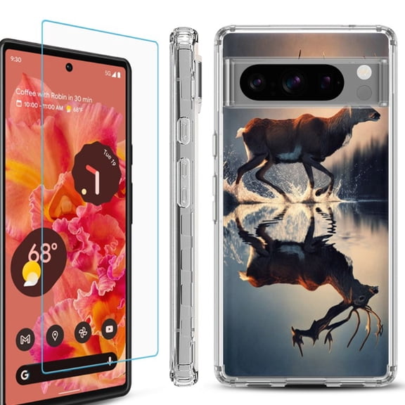 OneToughShield ® Compatible with Google Pixel 8 Pro, Shockproof Phone Case, with Tempered Glass Screen Protector - Deer Running