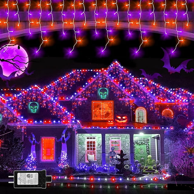1280 LED Halloween Lights Outdoor Waterproof Fairy String Lights with 240 Drops 131ft 8 Modes iciclelights Timer Memory Halloween Decorations for Home Window Indoor Holiday (Orange+Purple)