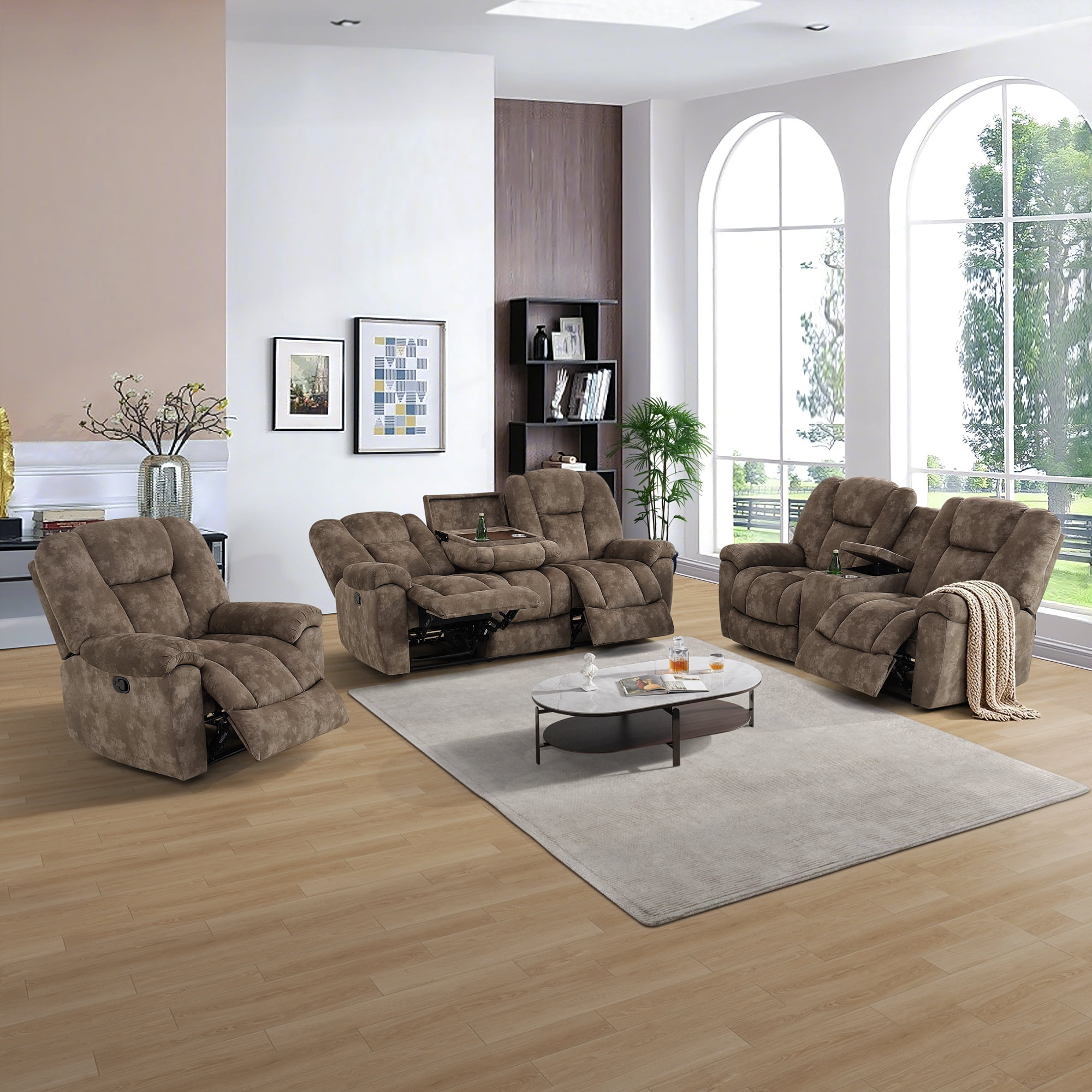 Gewnee 1+2+3‑Piece Manual Recliner Sofa Set, Velvet Upholstered Couch with Flip‑Down Cup Holders & Hidden Storage, Multifunctional Living Room Furniture, Brown