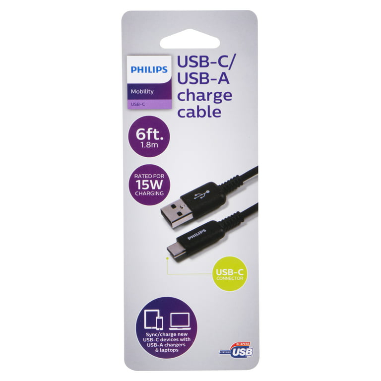 Philips USB-C to USB-A 6ft., Cellphones and Tablets, Charging Cable --  Jasco Products -- DLC4106A/37 