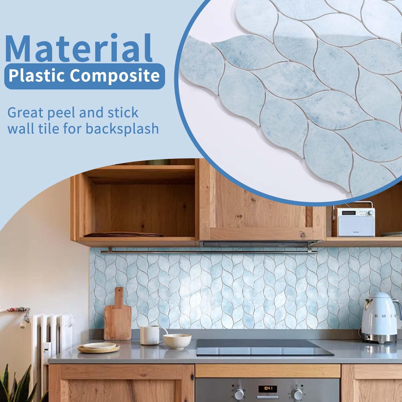 10-sheet Peel And Stick Backsplash Tile For Kitchen  Self-adhesive Mosaic Glossy Leaf On Wall With Gaps (pastel Blue)