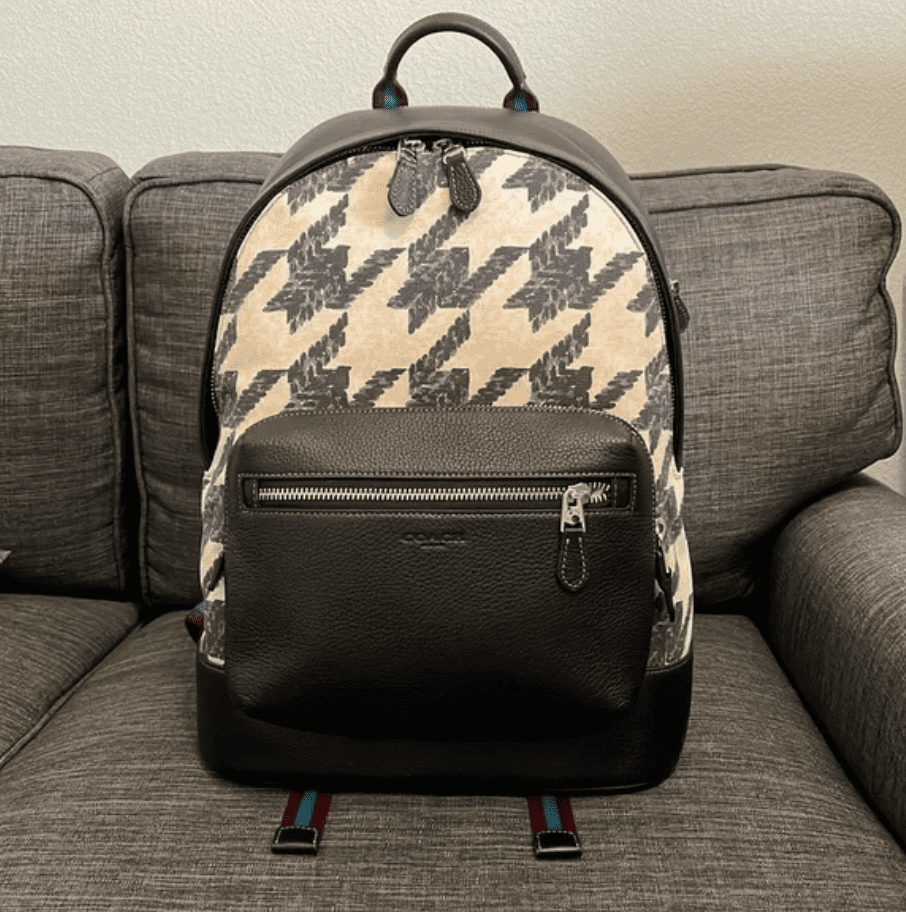 coach backpack cherry Court With Heart Print Signature coated canvas and refined pebble leather Inside zip and multifunction pockets Double zip closure fabric lining Handle with 1 1/2 drop Outside zip and open pockets Adjustable shoulder straps 8 (L) x 9 (H) x 3 1/2 (W) Style No. Coach Cherry backpack