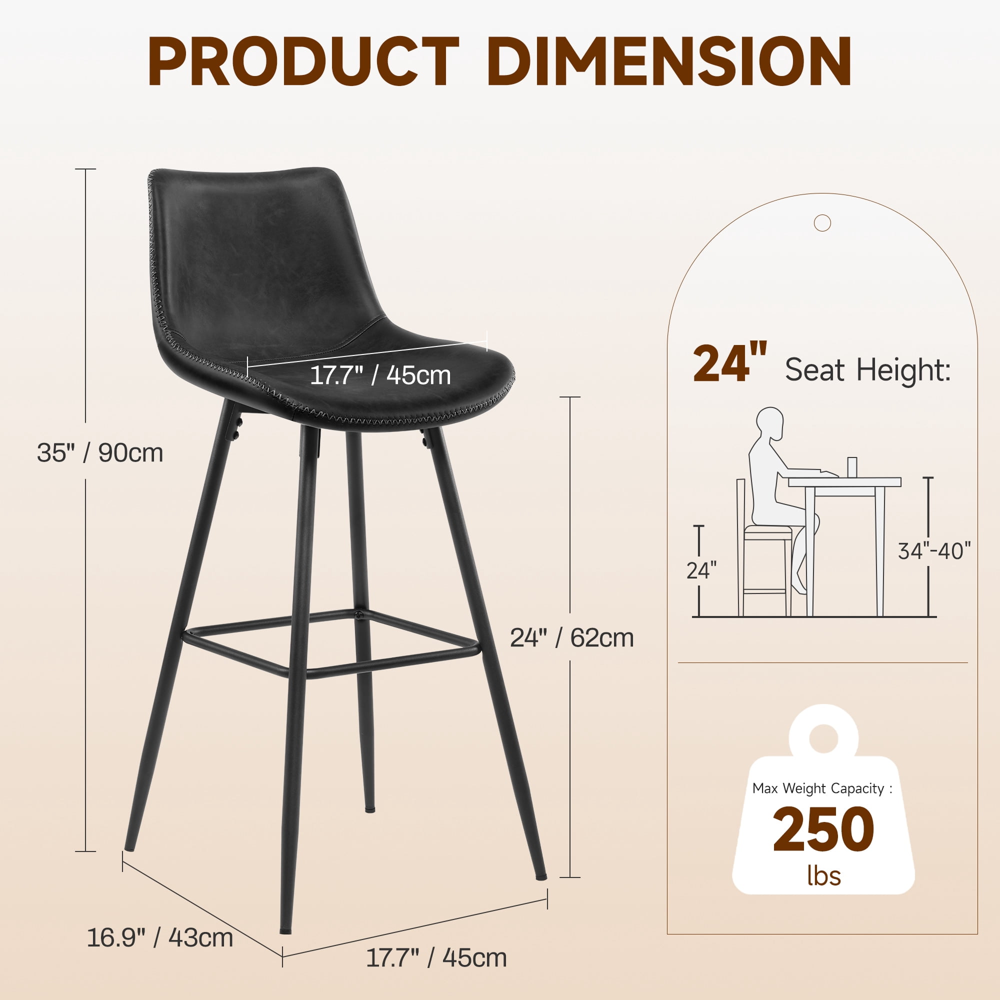 COOLHUT 24 Inch Bar Stools Set of 3, Counter Height Bar Chair with Footrest, Upholstered Faux Leather Bar Chair, Counter Stools with Sturdy Metal Legs, Black