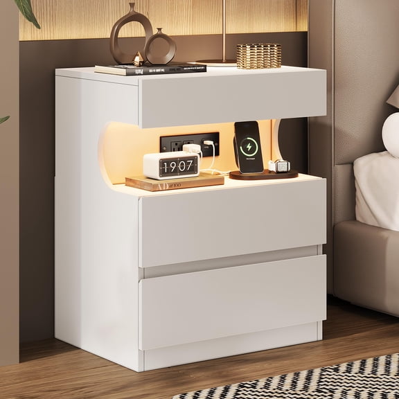White Nightstand with App-Controlled LED Light – Modern Bedside Table with Charging Station, 3 Drawer End Table with USB and Outlets – U-Shape Open Shelf