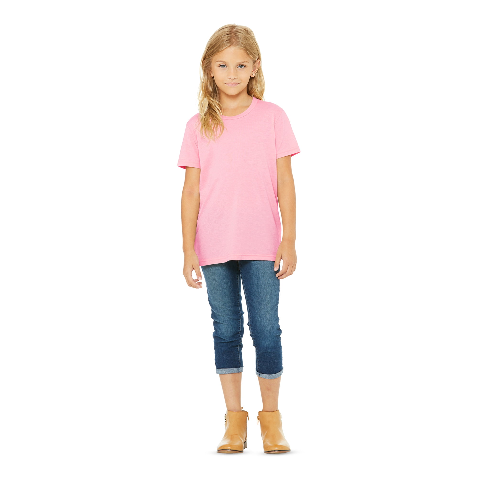 BELLA+CANVAS Youth Unisex Short Sleeve Crew Neck T-Shirt for Crafting, Pink, Youth Large