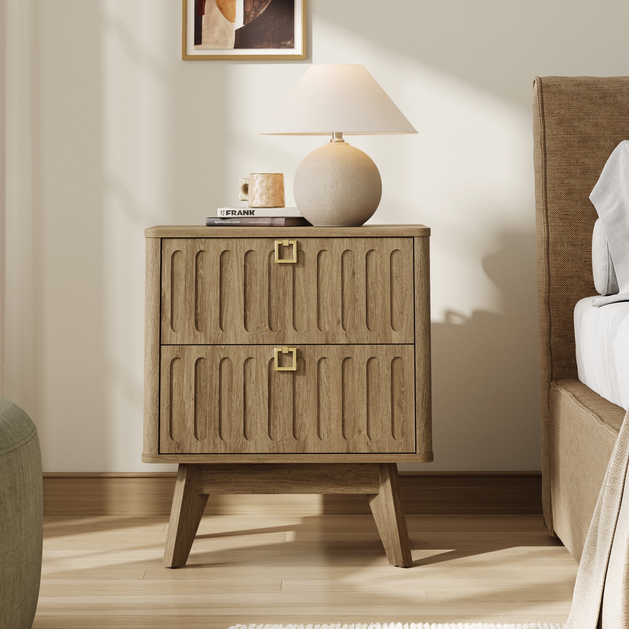 SICOTAS 21.02" Wide 2-Drawer Nightstands Set of 2,Nordic Modern Bedside Table with Large Drawers & Elegant Gold Square Handle for Bedroom, Living Room, Entryway -Brown Oak