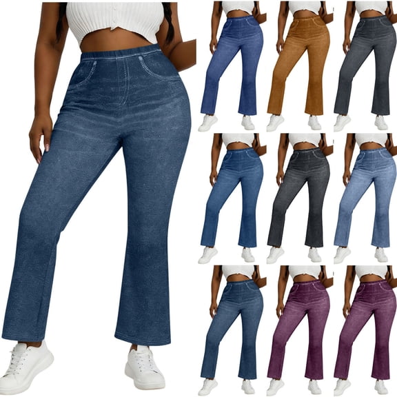 SROBPTY Fall Womens Pant Denim Print Faux Pocket High Stretch Loose Flare Non Denim Trousers