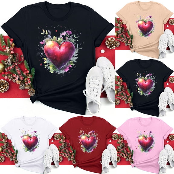 Jsaierl Valentines Day Shirts Womens Plus Size Love Heart Graphic Tees Soft Short Sleeve Blouse Crewneck Dressy Casual T-shirt Tops Valentines Day Gifts
