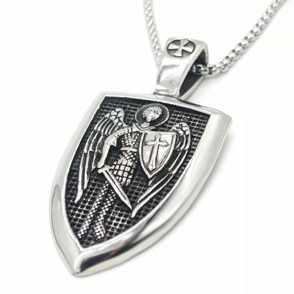 QQTDFG MOYON Saint St Michael Archangel Medal Shield Pendant Necklace Stainless Steel-default