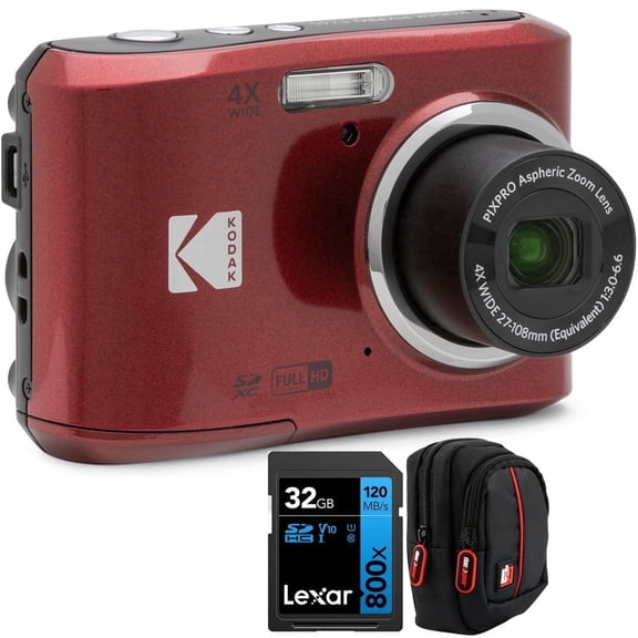 Kodak PIXPRO FZ45 Friendly Zoom 16 Megapixels Digital Camera with Lexar 32GB Memory Card, Red