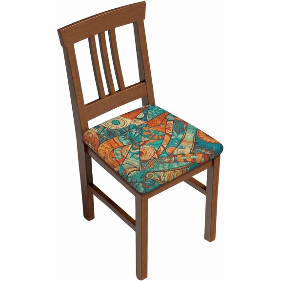 Set of 4 Removable Chair Seat Covers for Dining Room, Hippie Patchwork Stretchable Office Kitchen Chair Slipcovers Cushion Protector Vintage Elements Furniture Decor, 16.9x16.9 Inches