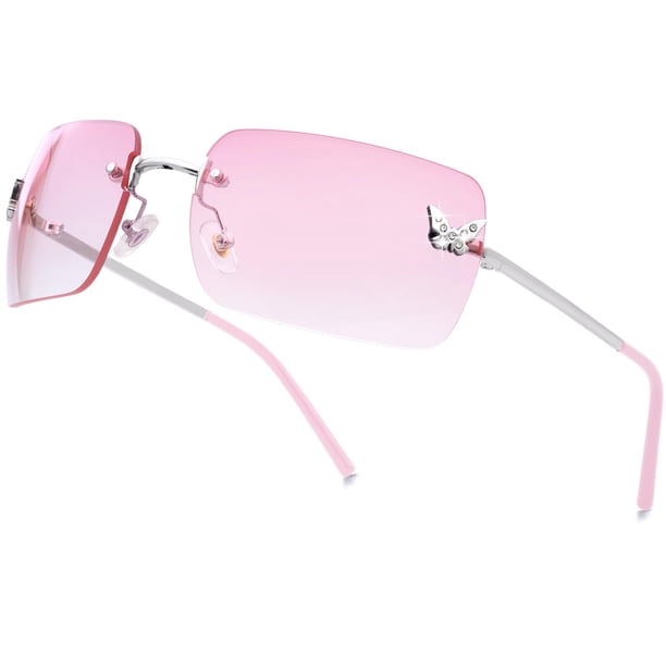 Gafas de sol knliwkm rectangulares sin montura Y2k con lente tintada rosa