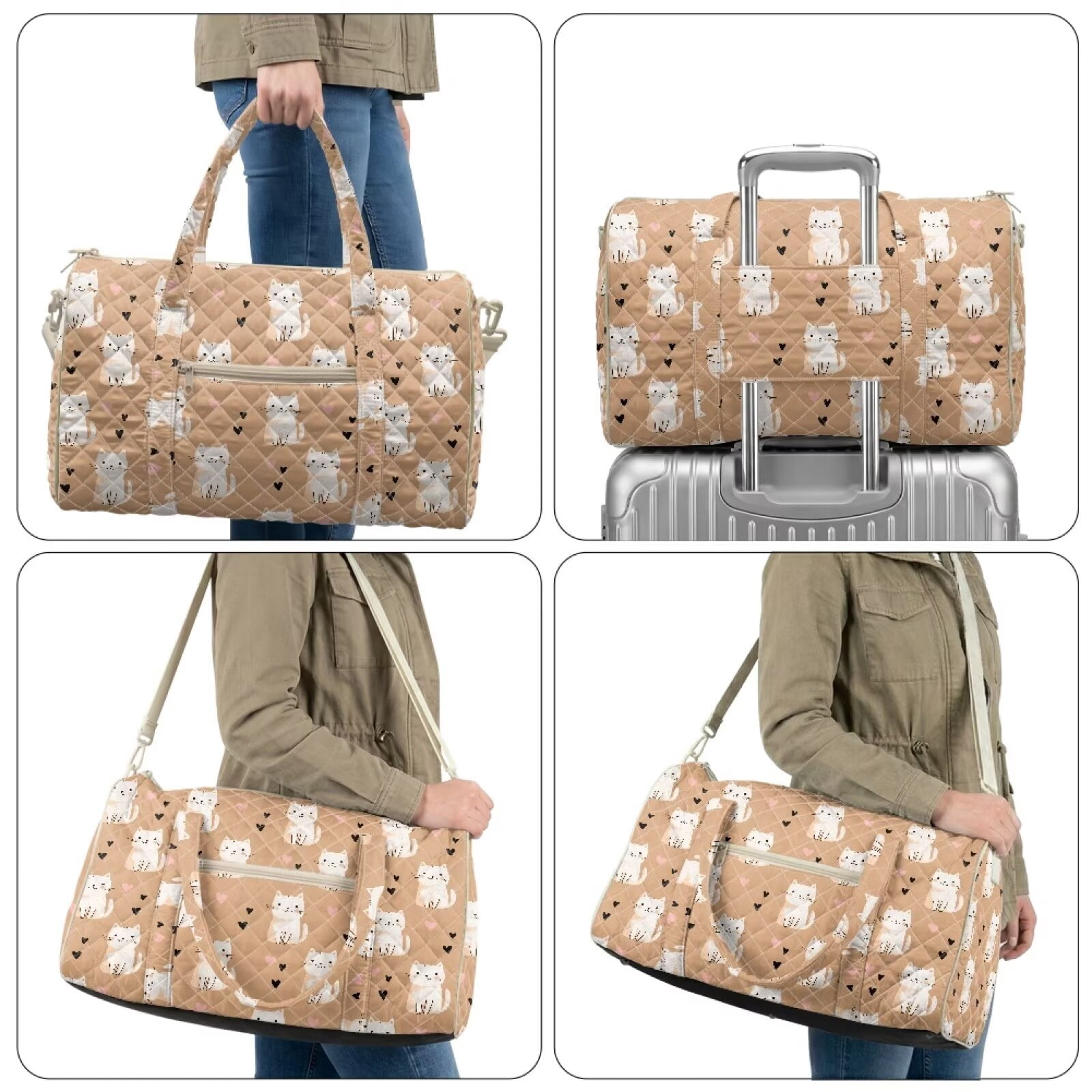 Garronmavis Cute Cat Print Large Quilted Duffle Bag for Women, Weekender Travel Overnight Gym Dance Carry On Tote Bag with Luggage Sleeve, Lightweight Puffer Shoulder Bag for Work Trips