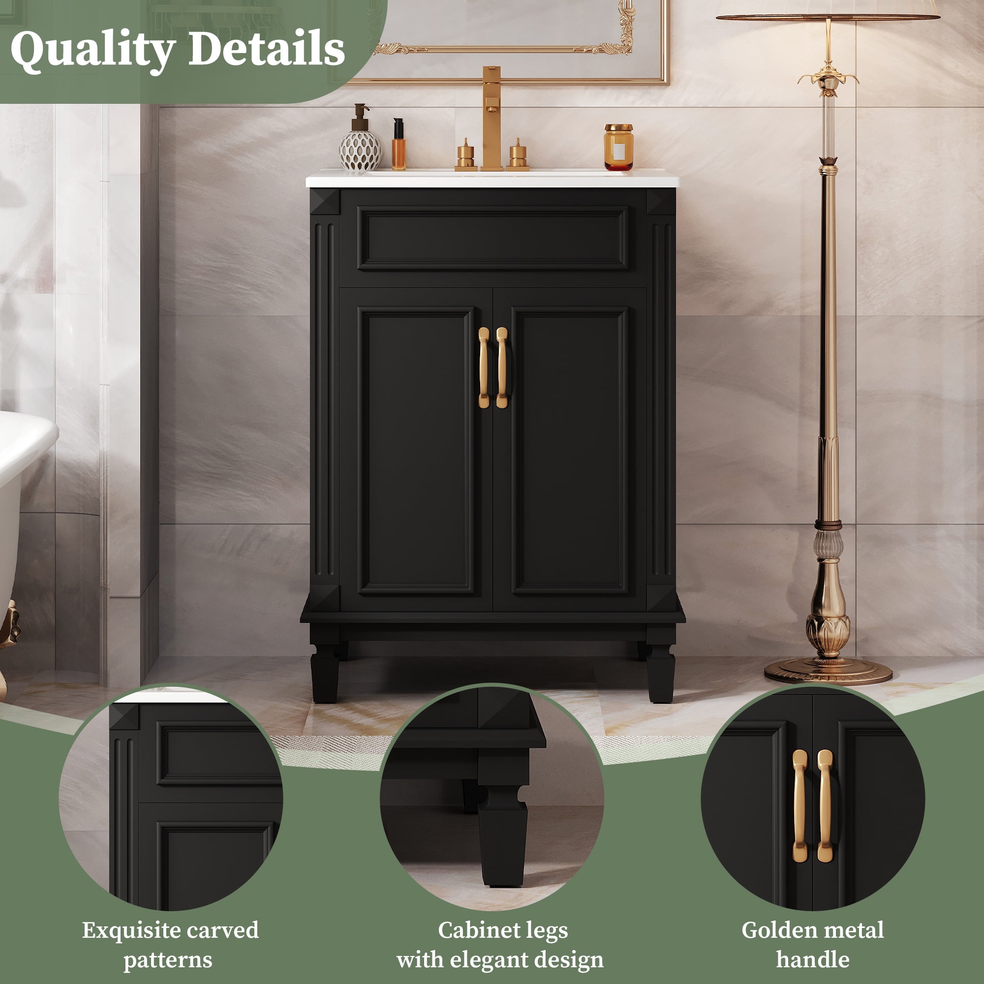Euroco 24'' Bathroom Vanity with Top Sink, Modern Bathroom Storage Cabinet with 2 Soft-Closing Doors and Adjustable Shelf, Solid Wood Frame