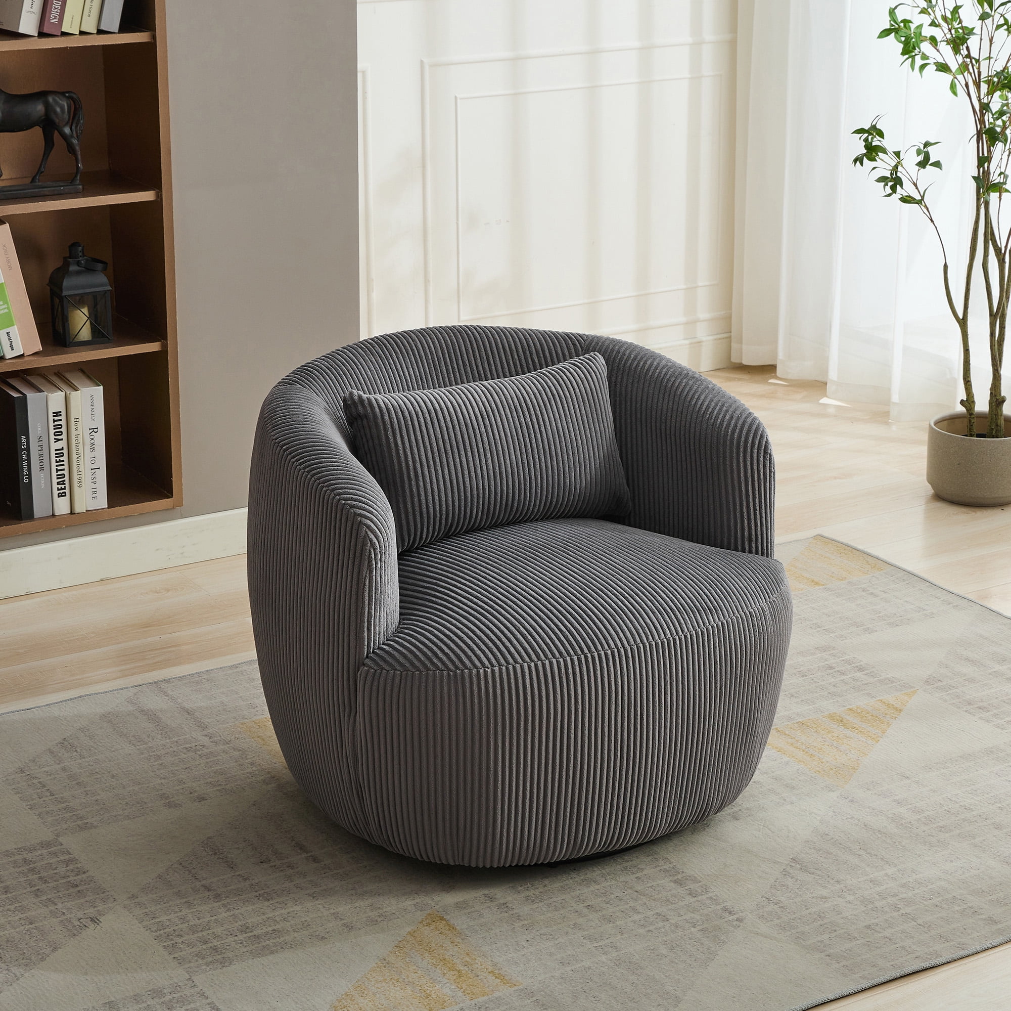 Gewnee 34.25 "Wide Upholstered Corduroy 360° Swivel Barrel Soft Accent Chair with Pillow, Circular Reading Armchair for Club, Living Room, Bedroom, Office, Lounge, Charcoal.