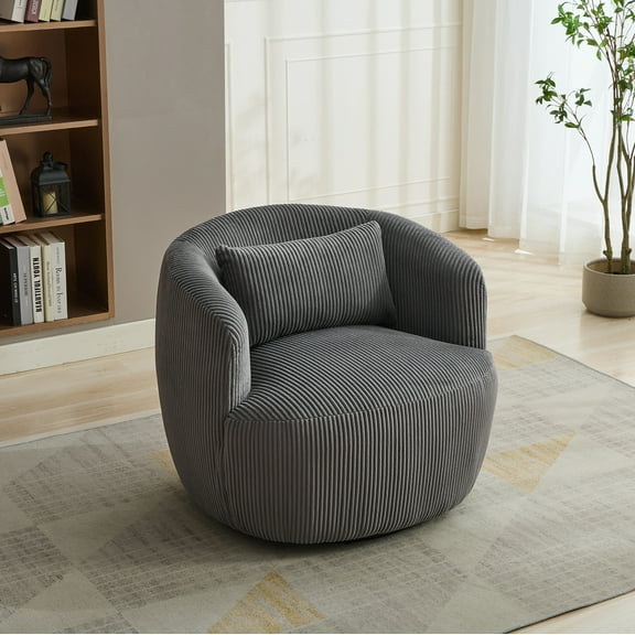 34.25" Wide Corduroy 360° Swivel Barrel Accent Chair with Pillow, Upholstered Reading Armchair for Living Room, Bedroom, Office, Lounge – Dark Gray