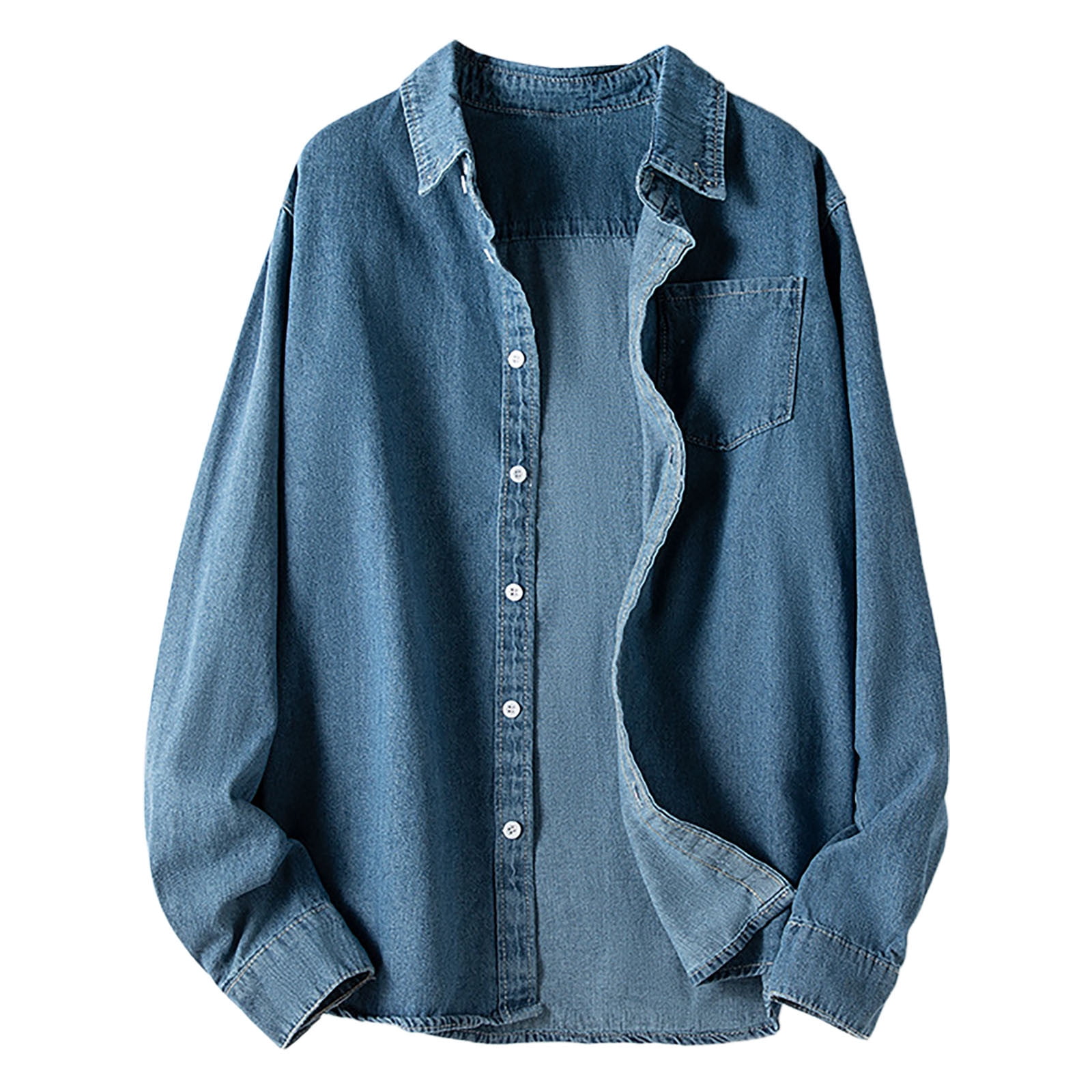 Men's Casual Soft Denim Shirt Loose Button Long Sleeve Washed Blue Jean Jacket