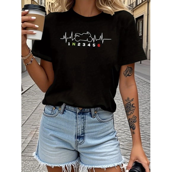 teediy Women's Motorcycle Heartbeat Graphic T Shirt 100% Cotton Comfort Fit Short Sleeve