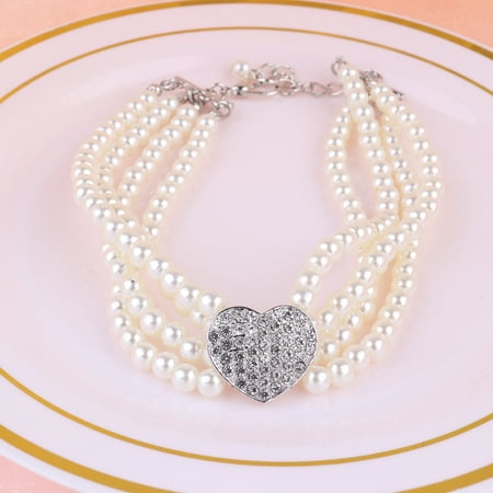 MLINS Pet Four Row Pearl Necklace Crystal Pandant Heart Pet Necklace Fashion Jewelry (White  Size L)