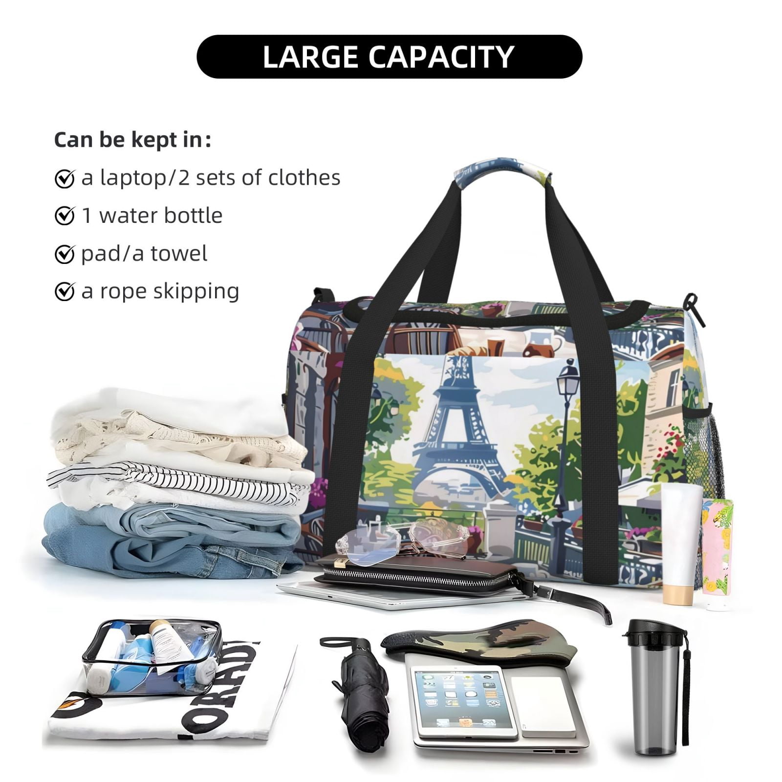 Kuqiui Parisian Cafe With Eiffel Print Foldable Travel Duffel Bag Tote Carry on Luggage Bag Personal item Sports Gym Bag Water Resistant Weekender Overnight Bags for Women and Men