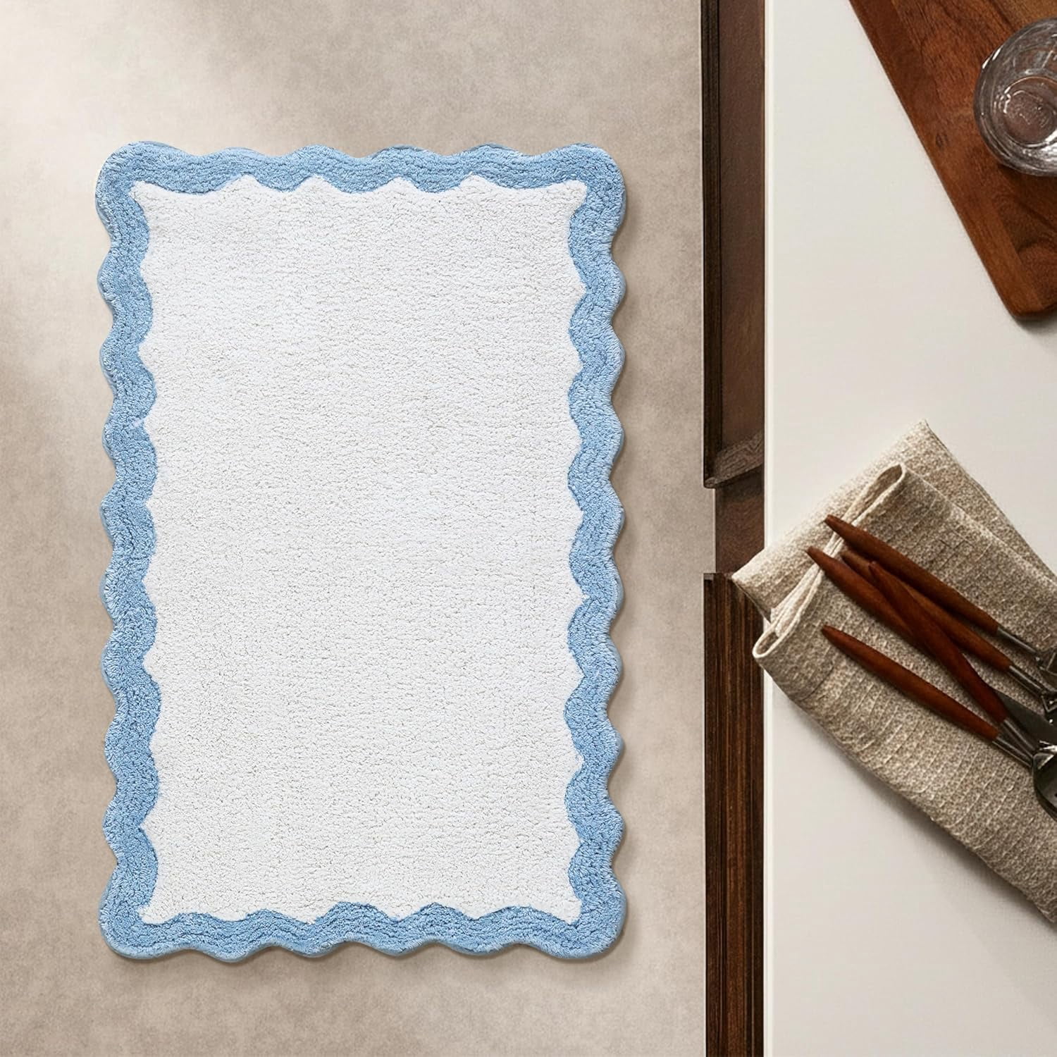 Savi Home 100% Cotton Bath Mat, Scalloped Anti-Skid Bathroom Rug, Blue, 20" x 32"