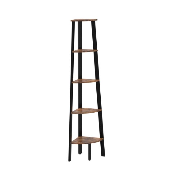 VASAGLE Industrial Bookcase, 5-Tier Corner Shelf, Plant Stand Wood Look Accent Furniture with Metal Frame for Home and Office ULLS35X, Rustic Brown