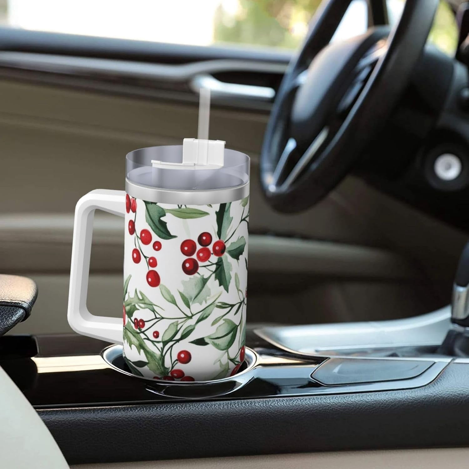Christmas Holly 40 Oz (1200 ml) Insulated Coffee Tumbler with Handle and Straw Lid, Reusable Stainless Steel Travel Mug Cup for Women Men Party Birthday Gifts