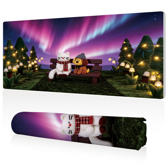 LIVEKEY XXL Mouse Pad Aurora Pets Design 80x40cm Large Desk Mat Full Coverage Non Slip Base Durable Easy to Clean Stitched Edges for Gaming and Office Computer Use
