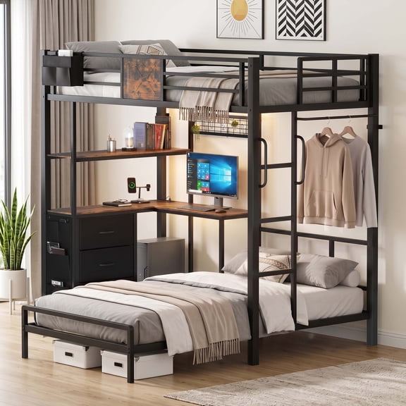 Miniyam Twin XL Over Twin Metal Bunk Bed with L-Shaped Desk, Storage Drawers, RGB LED Light and Charging Station, Black