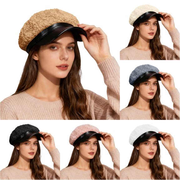lnmuld Sherpa Newsboy Cap Faux Leather Brim Fuzzy Baker Boy Hat for Women Size:One Size