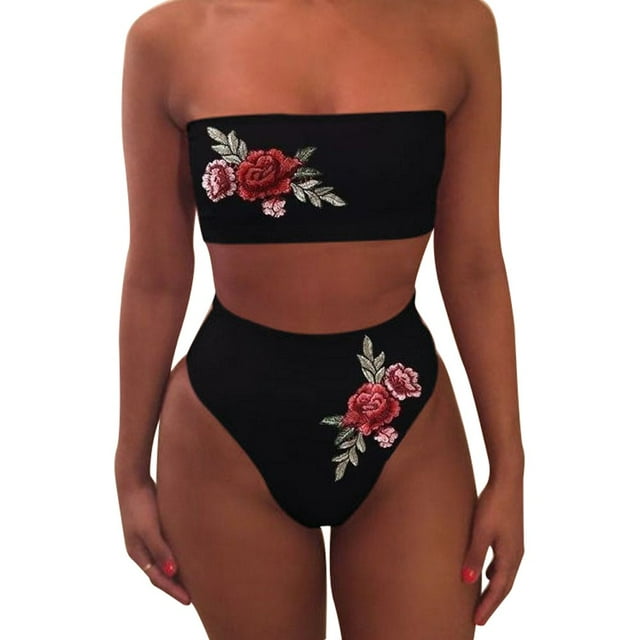 DPTALR Women Swimwear Embroidered Rose High Waist Bikini Set Bathing Suit