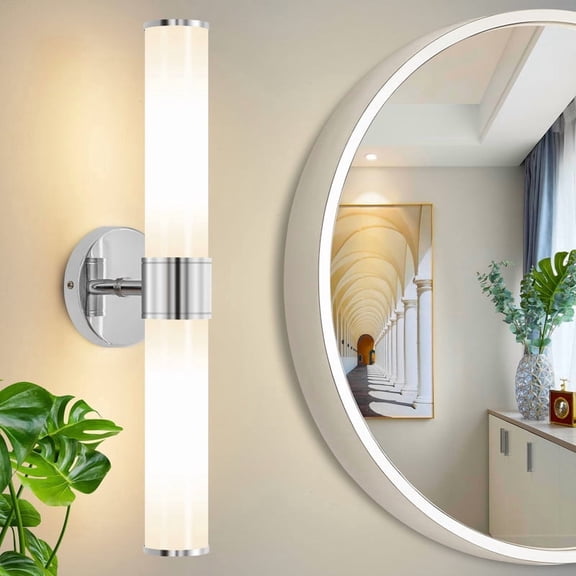 Deyidn 19.84" Chrome Modern Wall Sconce - 2-Light Dimmable Bathroom Vanity Light with Milky White Glass Shade